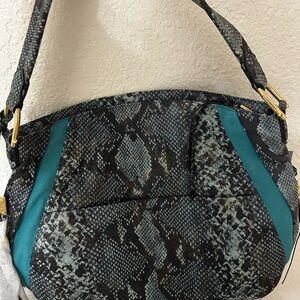 Aimee Kestenberg Black and Teal Snake Print Shoulder Bag